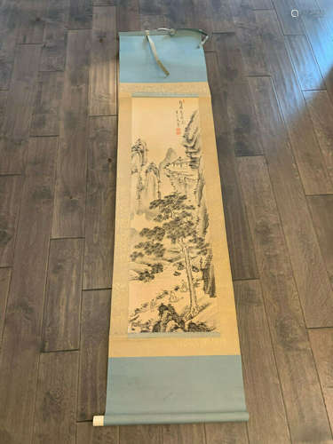 Antique Japanese Mountain Scene Painting w/ Scroll Box Marked Tanomura Chokunyu