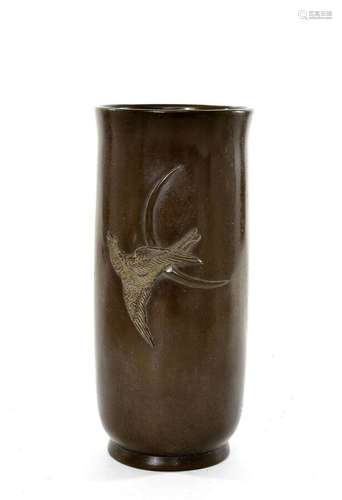 1930's Japanese Bronze Wall Vase Ikebana Relief Bird & Crescent Moon