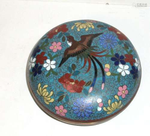 MEIJI 1910 PERIOD BLUE CLOISONNE ENAMEL FLORAL BIRD JAR LARGE BOX