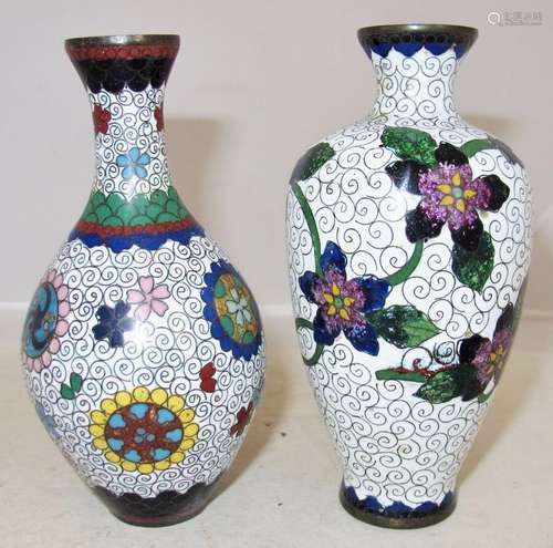 2 Antique Japanese White Meiji Cloisonne Vases with Flowers  (5.1