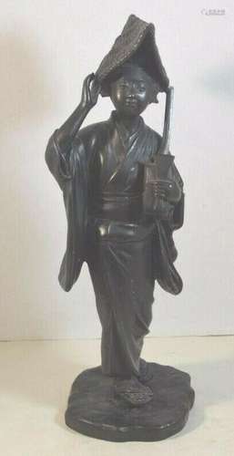 Antique Japanese Bronze Sculpture of Woman with a String Instrument