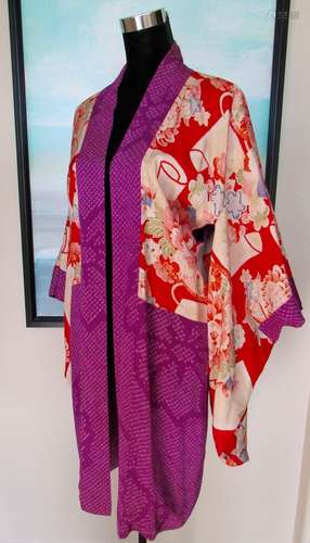 VTG Silk Kimono Purple Peony Print Sz L