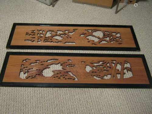 VINTAGE PAIR OF JAPANESE WOODEN RANMA TRANSOMS Pine & Bamboo Motif 1950s Cypress