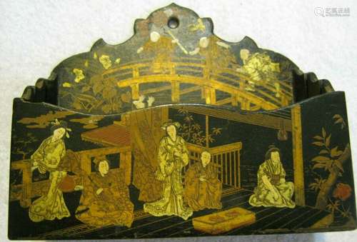 Antique Chinoiserie Papier Mache Letter Box Wall Pocket 4 DETAILED STORY SCENES