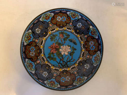 Antique Chinese or Japanese Cloisonne Charger Plate w/ Floral & Butterfly Dec.
