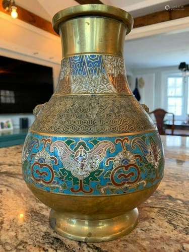 Fine 19th Century Champleve Vase with Lion Mask Handles