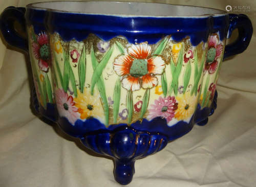 Rare MEIJI c1870 PRE-NIPPON hand painted FOOTED COBALT large JARDINIERE - FLORAL