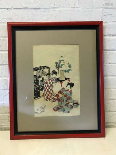 Antique Japanese Signed Woodblock Print w/ 2 Women Moving Scrolls