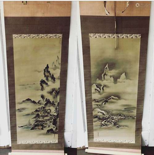 Pair Antique Japanese Hanging Scroll Paintings Kakejiku KANO YOSHIN Osanobu &Box