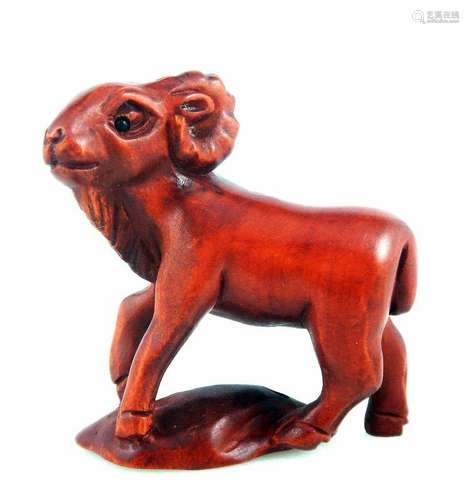 Japanese Boxwood Hand Carved Netsuke Sculpture Lovely Goat Antelope Walking