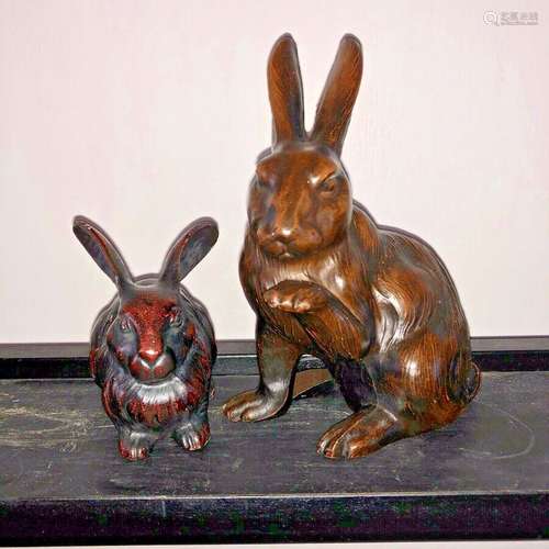 Japanese Rabbit Okimono sculpture Pair bronze incised signed etched detail 6