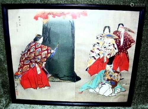 Original 1922  Tsukioks Kogyo Japanese  Woodblock Print, Momijigari, Noh gaku