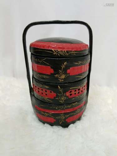 Antique 19th c Japanese Jubaku Laquered Woven Bamboo 3 tier Bento Lunch box