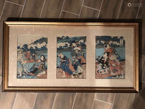 ANTIQUE JAPANESE WOODBLOCK PRINT - Triptych Traveling by Water -Gorgeous!