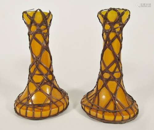 Vintage AWAJI WARE Japanese Orange Art Pottery Bamboo Wrap Candlestick Pair