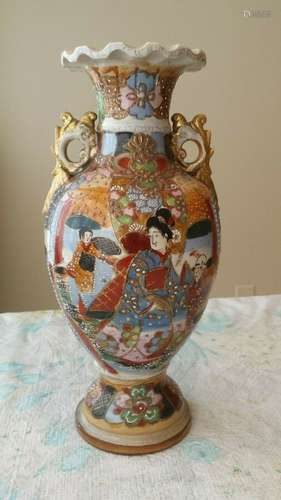 Antique Japanese Meiji Period Satsuma Pottery Figural & Floral Vase Signed 12.5