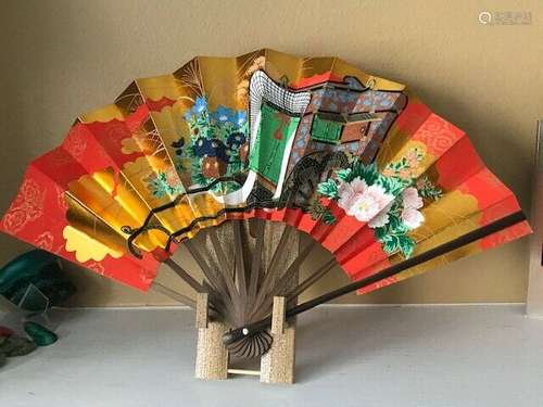 Japanese Folding Fan Handpaint Sensu Paper Bamboo Frame/Stand-New Original pack