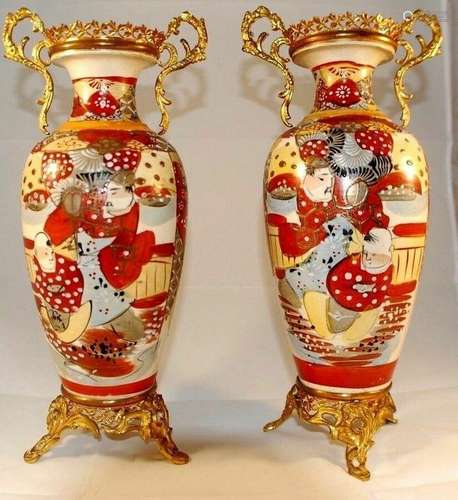 ANTIQUE JAPANESE PAIR SATSUMA BRONZE MOUNT PORCELAIN VASES