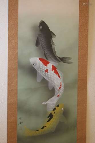 錦鯉 NISHIKI KOI -Three swimming Carps, Japanese Hanging Scroll