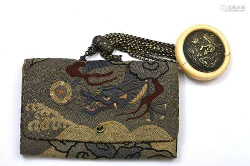 Meiji Japanese Silk Embroidery Tobacco Pouch Mixed Metal Dragon Kagamibuta Manju