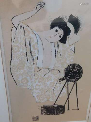 JAPANESE WOODBLOCK  PRINT GEISHA COMBING HAIR LOOKING IN MIRROR