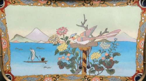 RARE JAPANESE BRONZE CLOISONNE ENAMEL BIRDS AND LANDSCAPE TRAY PLATE