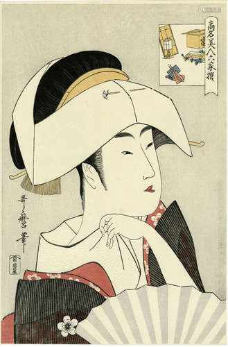 Lovely UTAMARO Japanese woodblock print: “TOMIMOTO TOYOHINA”