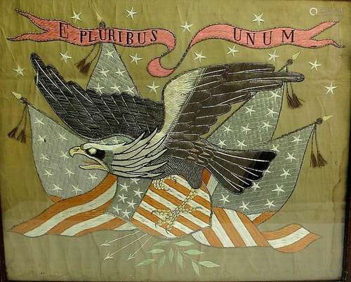 Rare MEIJI-ERA JAPANESE EXPORT Silk Embroidery AMERICAN EAGLE  c. 1870   antique