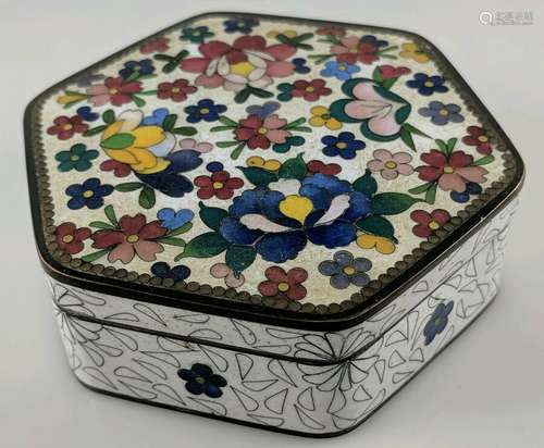 Small Japanese Cloisonne Dresser Box Jewelry Trinket White Blue Red Lotus Flower