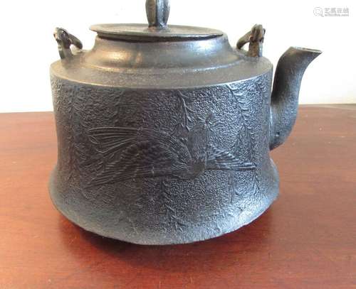 Antique Japanese Tetsubin cast iron kettle teapot with phoenix signed