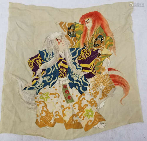 Antique Japanese Silk Embroidered Decorative Scarf Hankerchief Theater