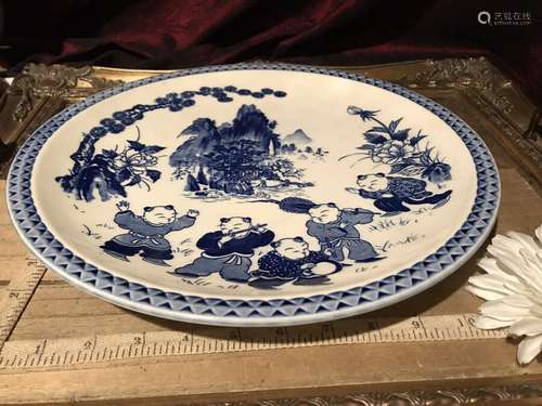 Antique Vintage Asian Porcelain Blue White Kids Playing Music Wall Plate 12 1/2