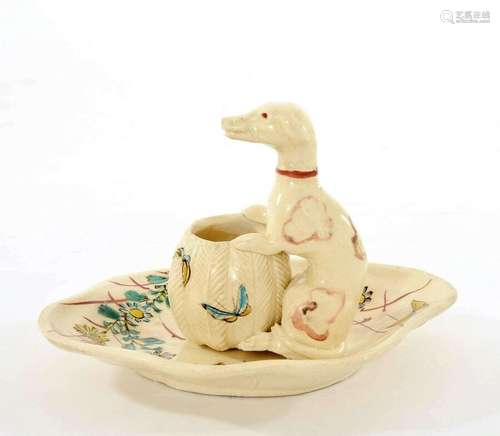 1930's Japanese Satsuma Earthenware Scholar Water Coupe Inkwell Dog Hound Dish