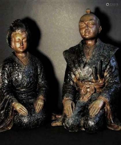 ANTIQUE PAIR JAPANESE TAISHO BRONZE SAMURAI & GEISHA EARLY 20TH CENTURY