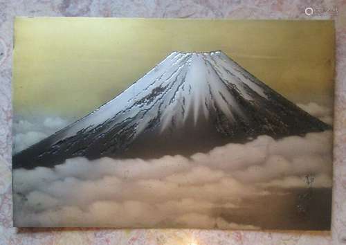 Antique Metal Woodblock Signed FUJI ABOVE THE CLOUDS 14.25