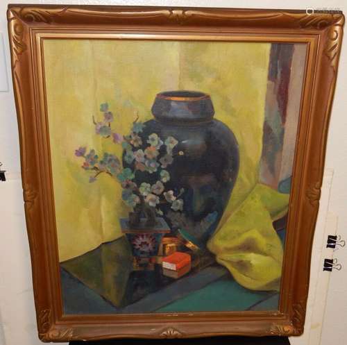 OLD ASIAN VASE AND JADE TREE ON TABLE OIL CANVAS STILL LIFE PAINTING UNSIGNED