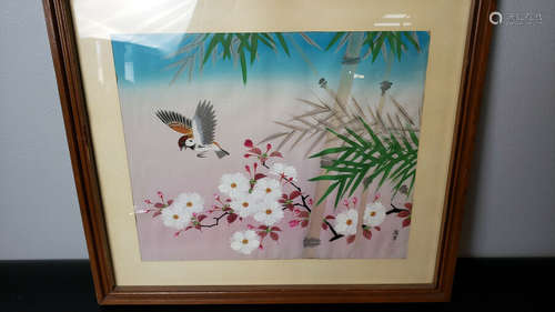 Vtg Japanese 40's Hand Painted Signed Silk Art Cherry Blossom Bird Framed Bamboo