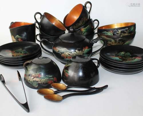 Vtg Japanese Hand Painted Urushi Koi Fish Wood Dinner Tea Set Cups Saucers 28 Pc