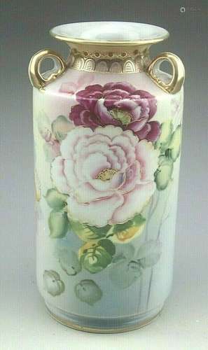 Antique Hand Painted Nippon Morimura Bros Floral Three Handle Vase