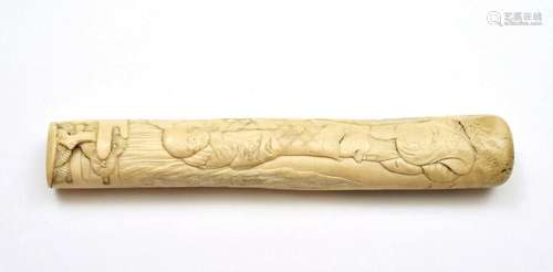 1930's Japanese Stag Horn Antler Carved Smoking Tobacco Pipe Case Kiseru Zutsu