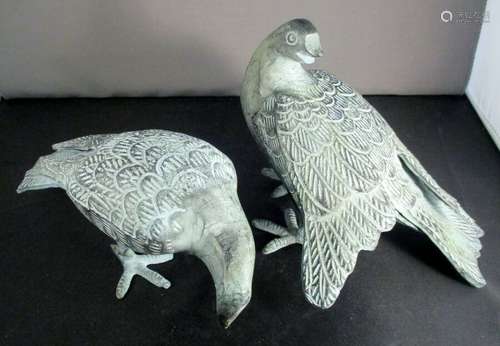 ANTIQUE PAIR GILT BRONZE PIGEON DOVE STATUES