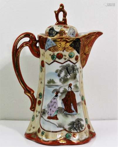 ANTIQUE JAPANESE KUTANI CERAMIC TEAPOT CHOCOLATE COFFEE PITCHER GEISHA GIOKUSEI