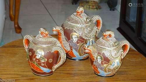 Antique Japanese  3-.D Dragon Teapot, Sugar Bowl, Creamer