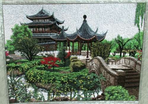 JAPANESE TEMPLE BRIDGE SILK EMBROIDERY TAPESTRY PAINTING UNSIGNED