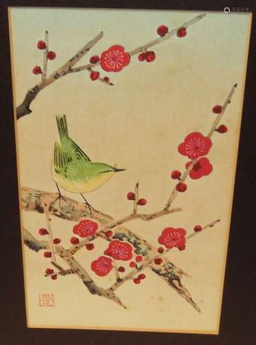 JAPANESE GREEN BIRDS IN RED BLOSSOM TREE ORIGINAL WATERCOLOR PAINTING SIGNED