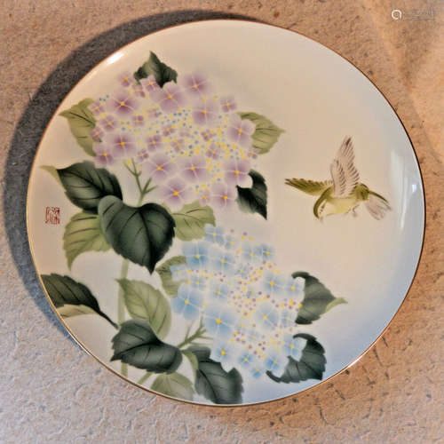 Artist Signed FUKAGAWA Arita Porcelain Charger Plate Bird Flowers Pastels Gold