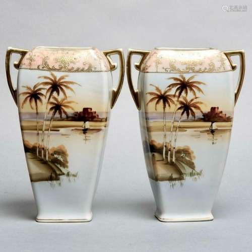 PAIR ANTIQUE NIPPON NAGOYA SHOFU JAPANESE GILT PAINTED PORCELAIN HANDLED VASES