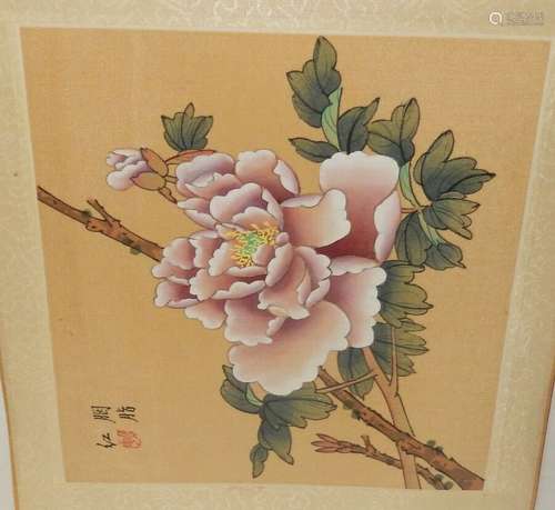 JAPANESE PINK FLORAL ORIGINAL WATERCOLOR ON SILK PAINTING SIGNED