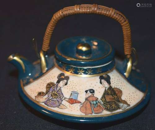 Wicker Handle Satsuma Pottery Mini Miniature Tea Pot