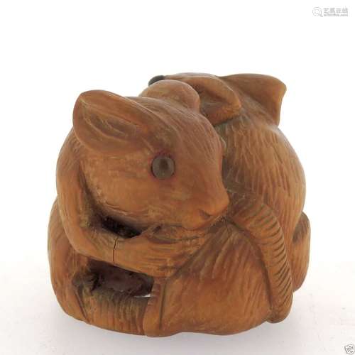 Old Signed Carved Wooden Japanese Netsuke - 2 Rats - Okimono Estate VR